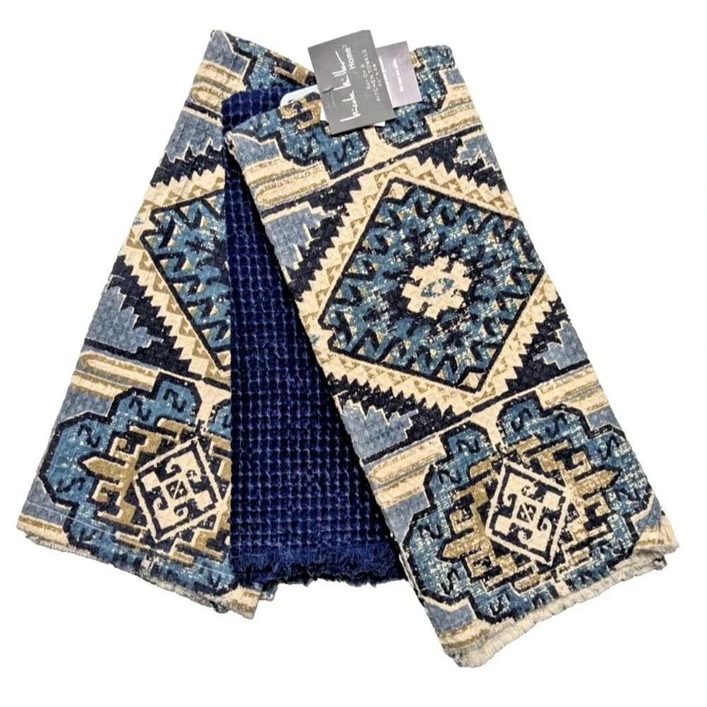 Nicole Miller Aztec Kitchen Towels Blue Cream Bohemian Print 3-pc Cotton NEW